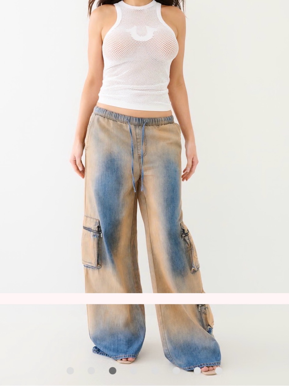 True Religion Two-Tone Wide Leg Cargo Jeans in Blue and Brown